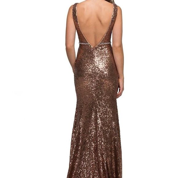 Abby Paris by Lucci Lu Long Sexy Bronze Sequin/rhinestone Deep V Gown Dress Sz 4 - Picture 6 of 14